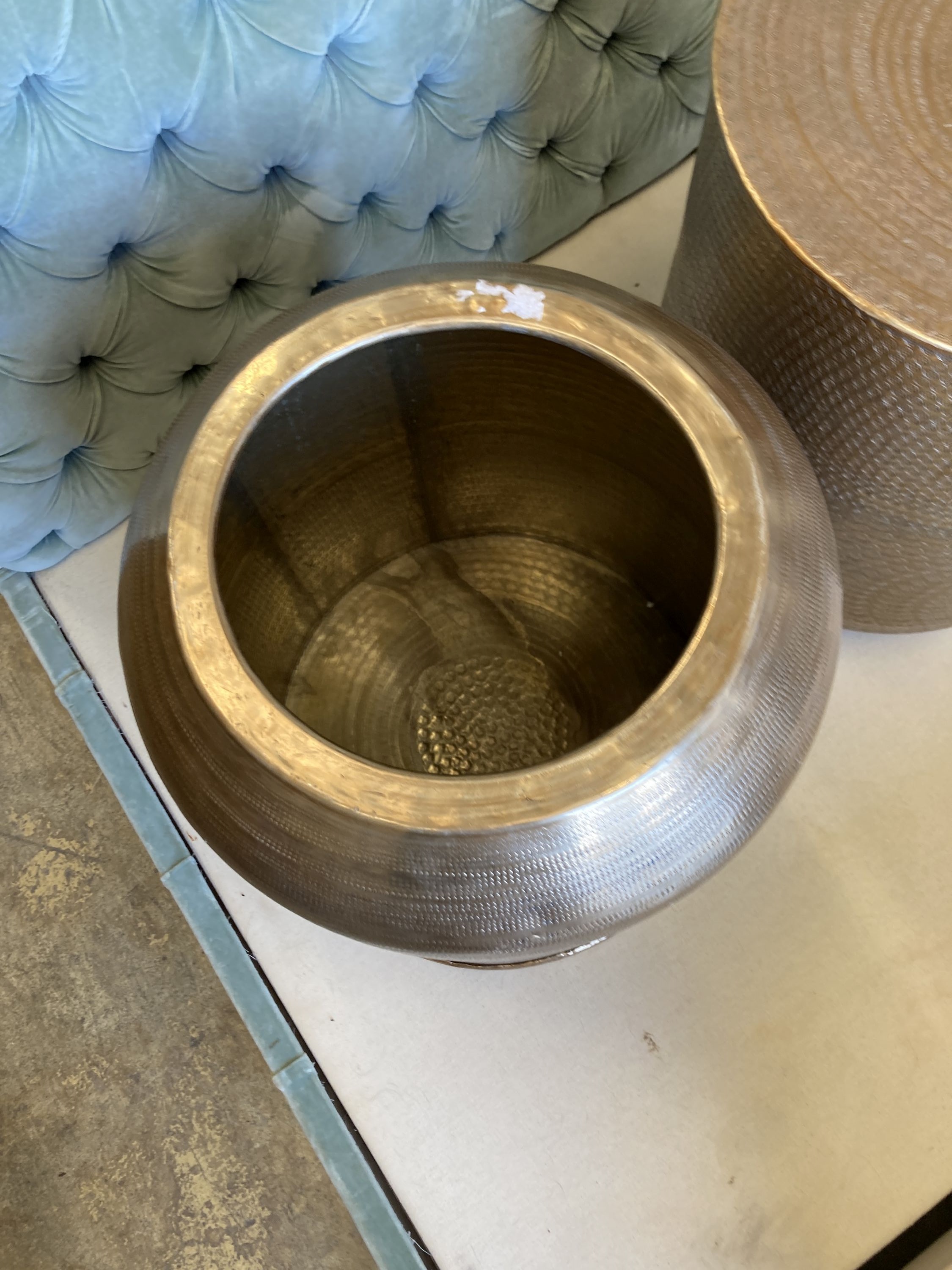 A pair of contemporary Indian brass drum coffee tables, diameter 45cm